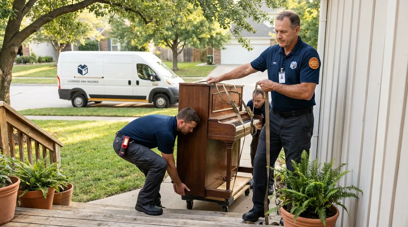Licensed piano movers securing grand piano in Grants, NM