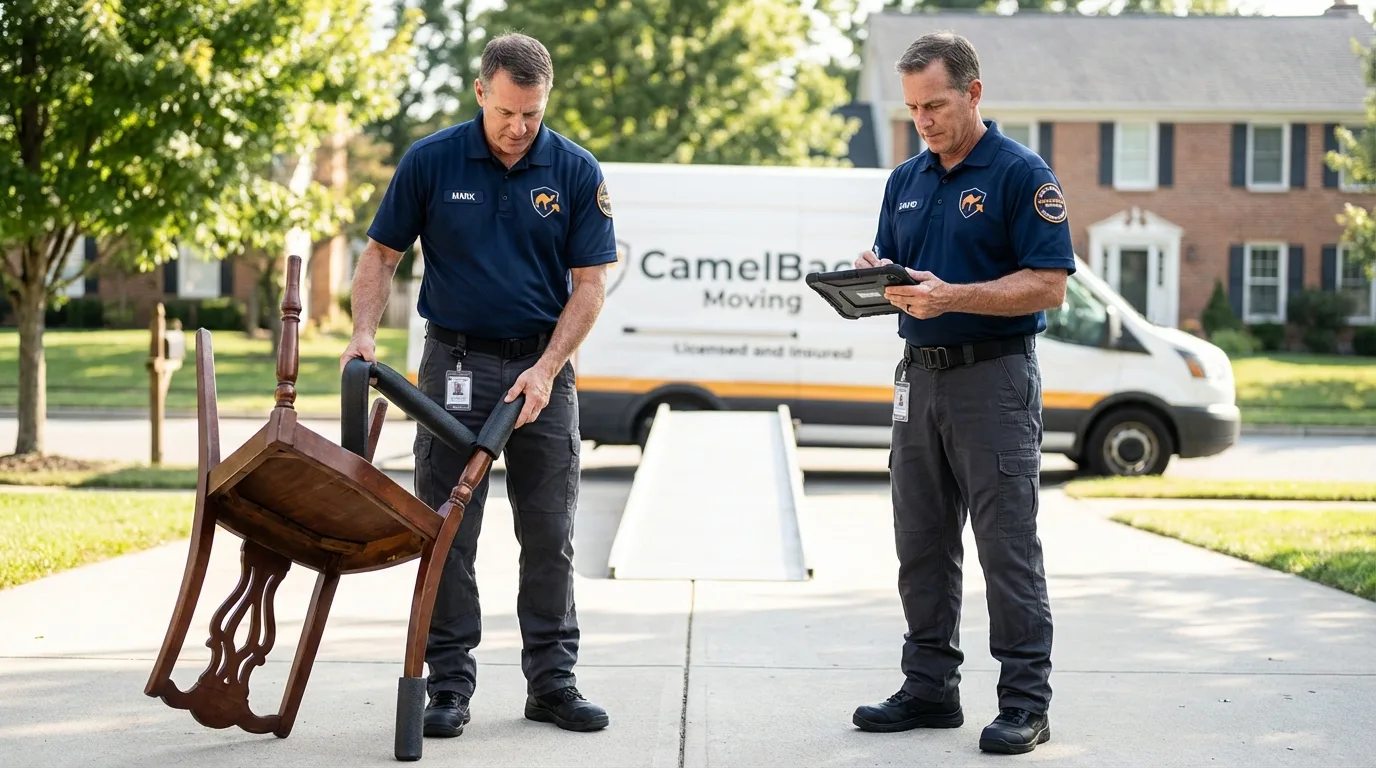 Movers inspecting furniture for damage prevention before loading in Grants, NM