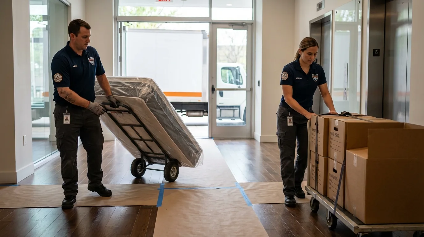 Professional apartment movers loading elevator in Grants, NM